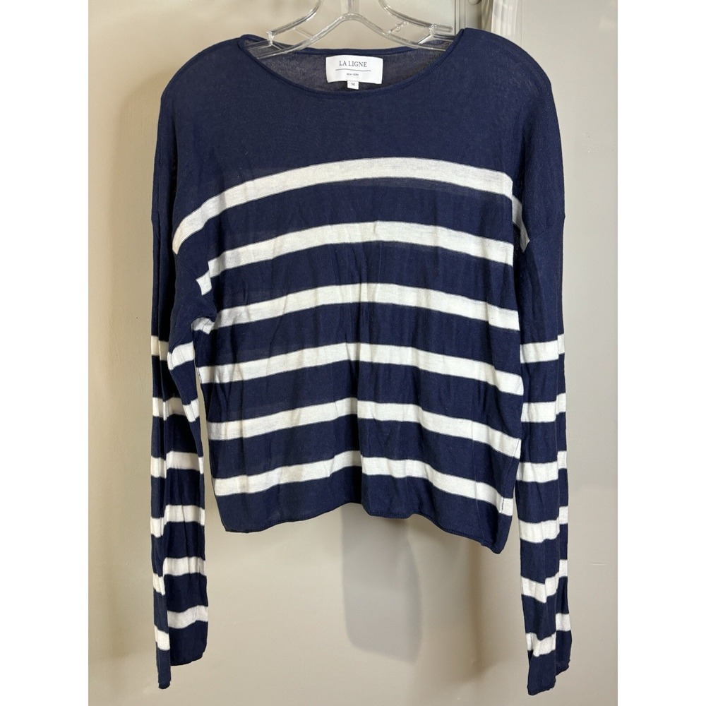 LA LIGNE Blue & White Striped Tencel Linen Sweater M Quiet Luxury